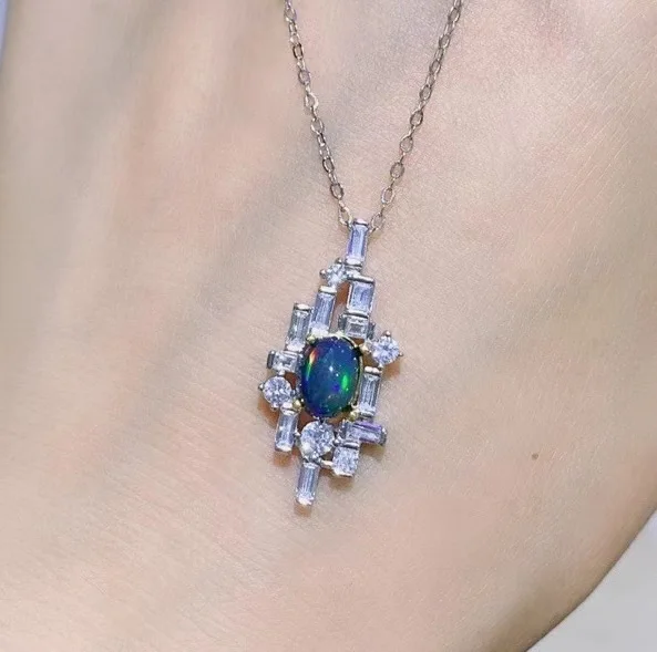 

Gold plated sterling silver necklace High quality natural opal women fashion accessories 925 silver jewelry pendant, White gold (rose gold, yellow are avaliable)