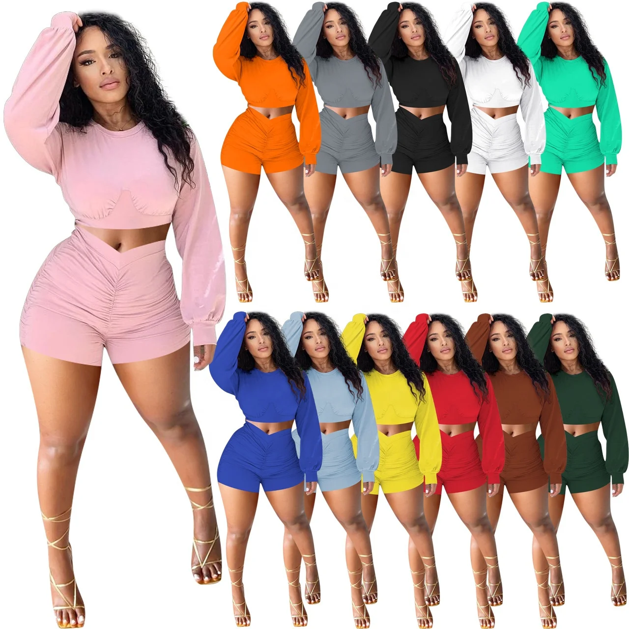 

2022 Custom Solid Long Sleeve Crop Top Two Piece Short Set Ribbed Cropped Short Pants And Top Set For Women 2 Piece Short Set