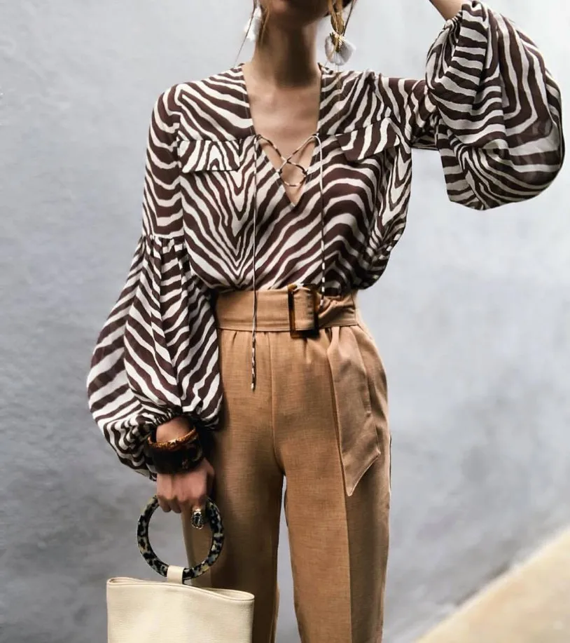 

2021 casual loose print lace-up V-neck lantern sleeve shirt, Solid color