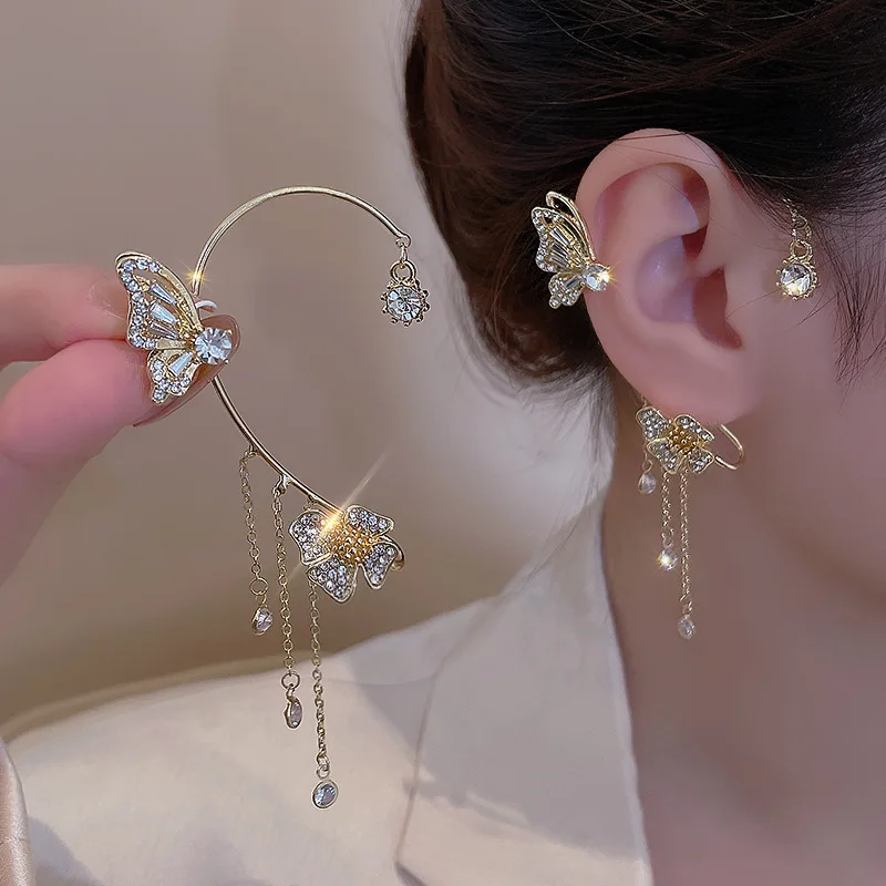 

Luxury Gold Butterfly long tassel ear clip silver copper zircon Diamond embedded women's ear cuff party jewelry