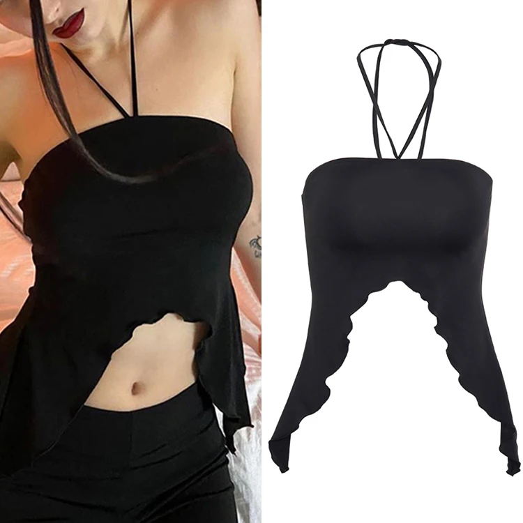 

Clacive New Custom Solid Color Ruffle Summer Tube Top Women Halter Tank Crop Tops Clothing Vendors Women, Black