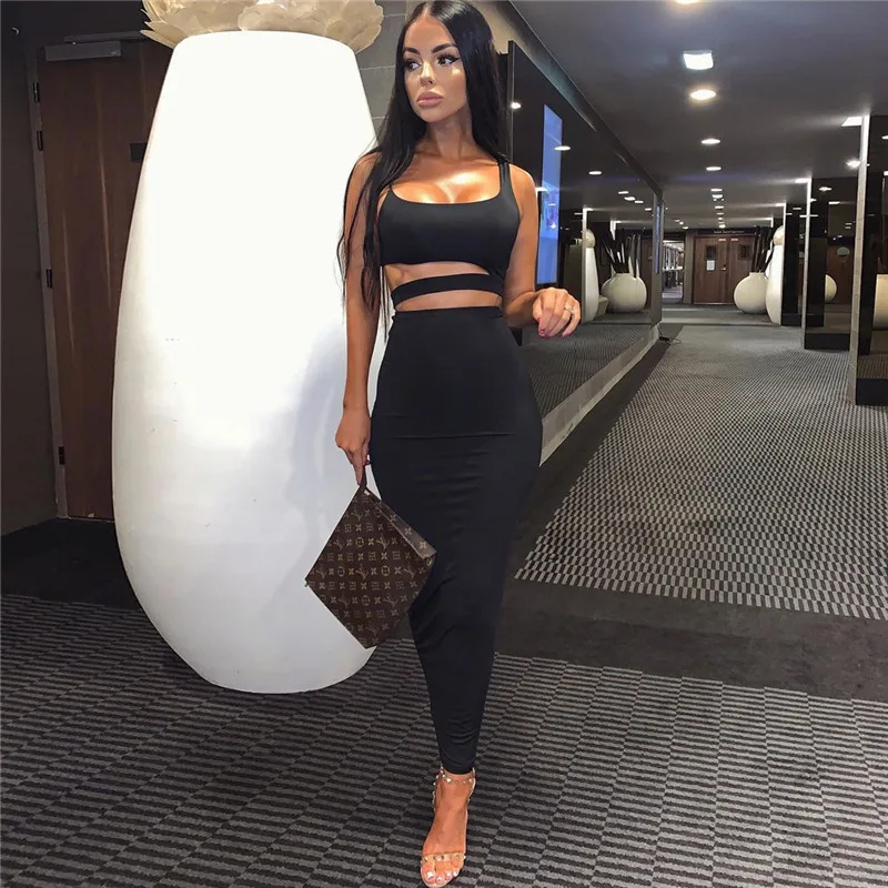 

X00206V Knitting Ribbed Fashion Women Two Piece Sets Short Sleeve Casual Bodycon Outfits Button Crop Top And Skirt Set, Black