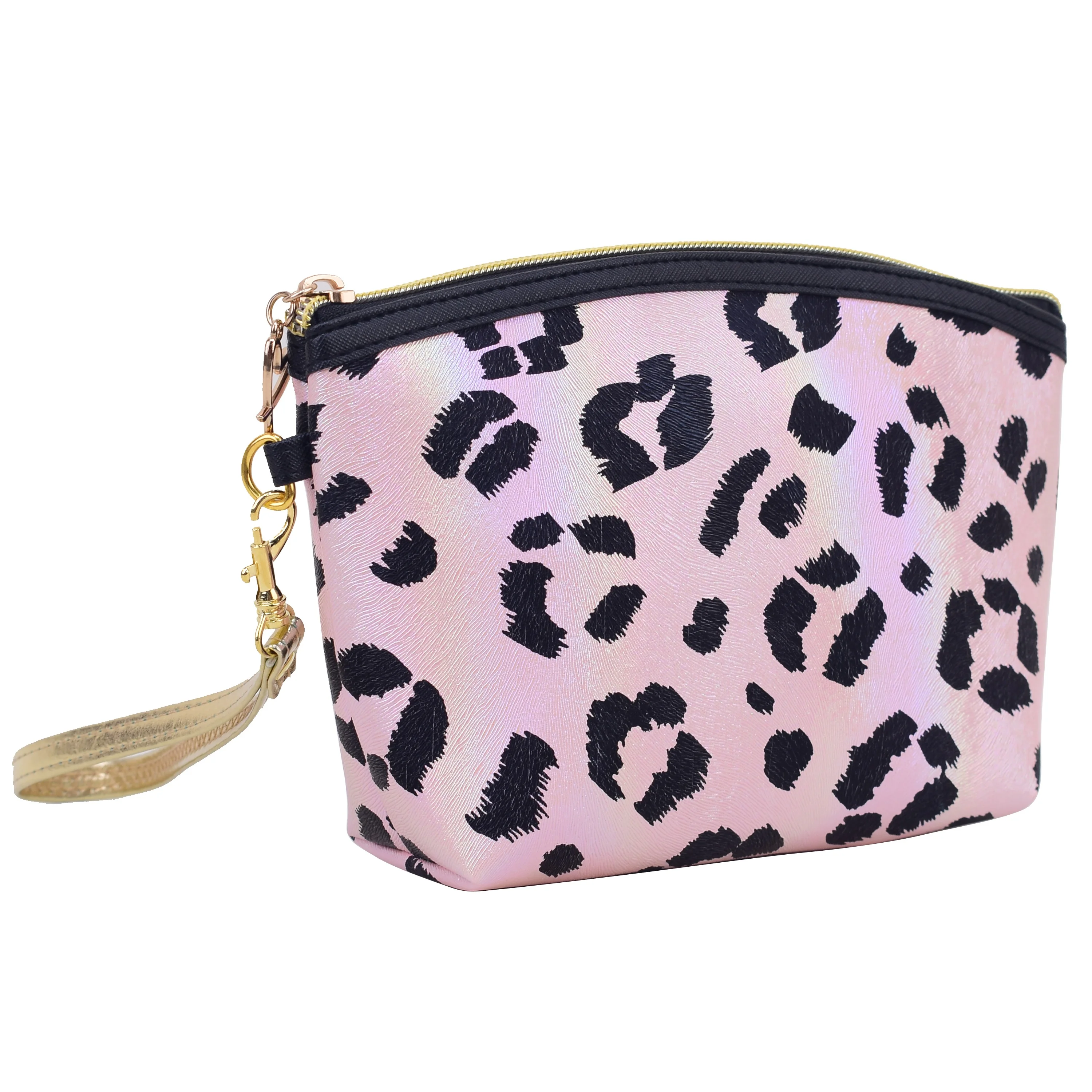 

Private Label Waterproof Leopard PU Cosmetic Bag Travel Toiletry Zipper Wristlet Makeup Bag, As picture