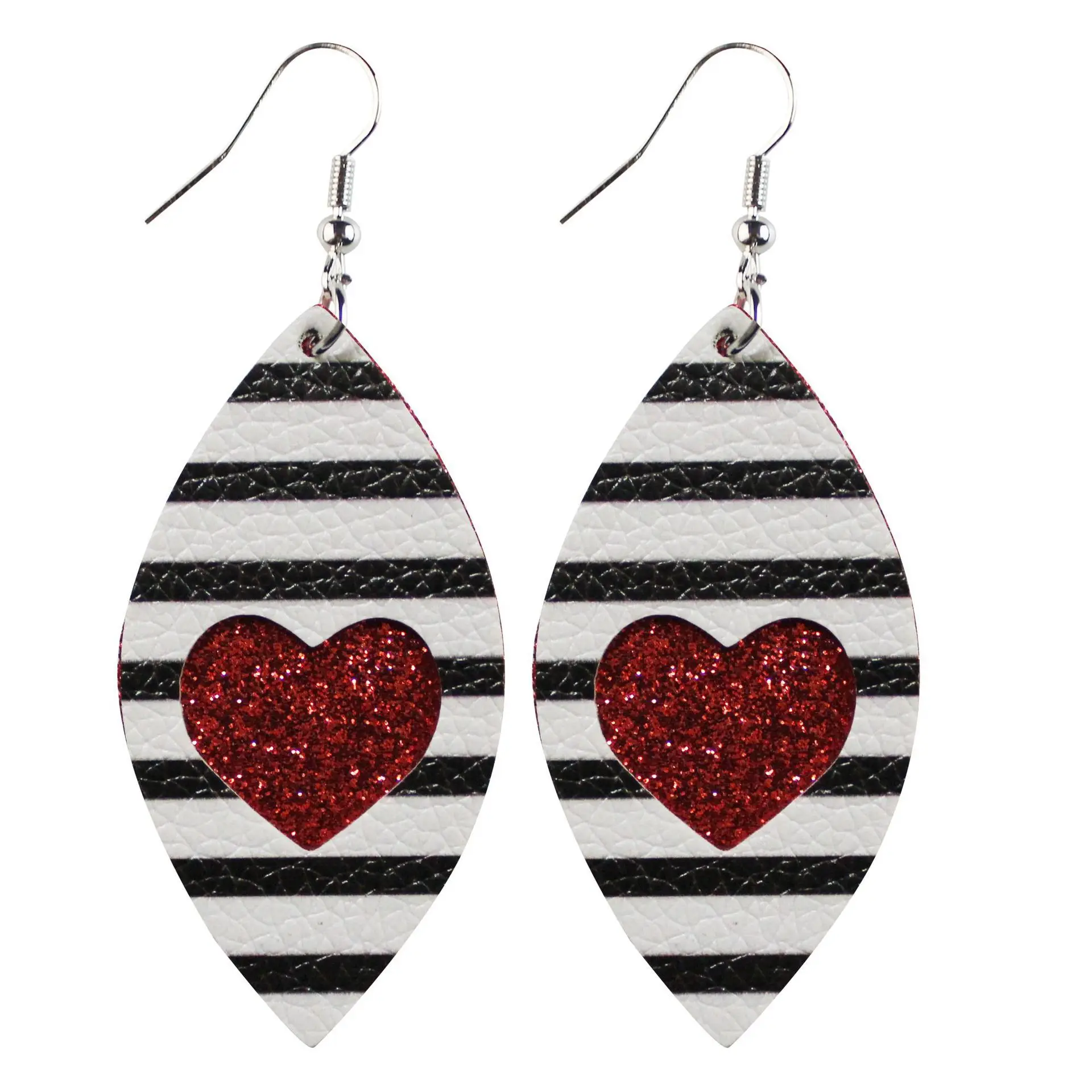 2021情人节独特水滴耳环空心条纹闪光心形双层皮革吊角吊坠耳环