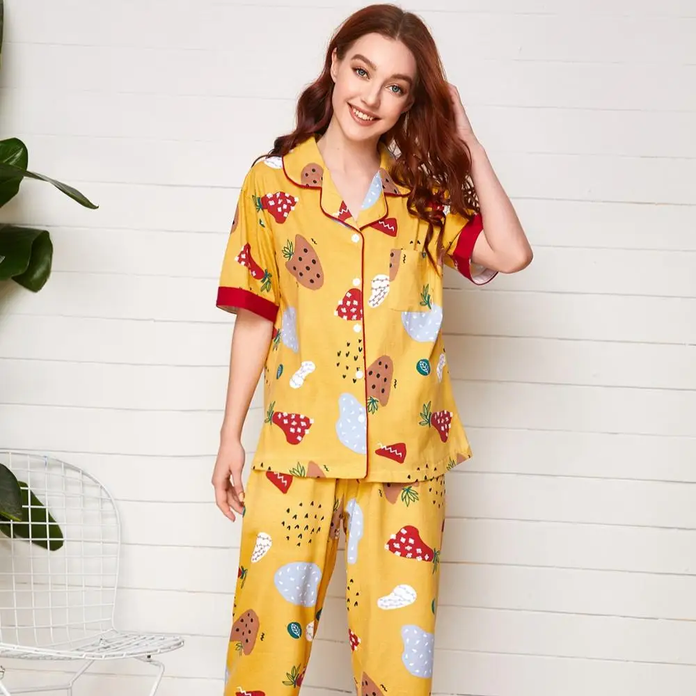 

Summer fashion short sleeve trousers 2-piece night wear, Yellow