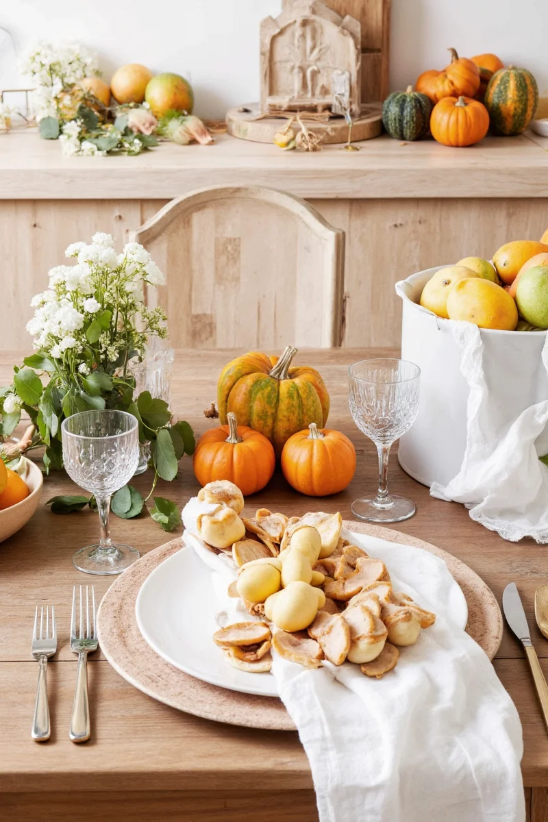 Farmhouse-style Thanksgiving table with checkered cloth and mason jar centerpieces