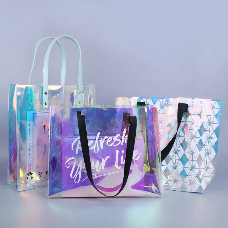 

Wholesale Waterproof Custom Logo Shopping Hand Bags PVC Transparent Holographic Beach Tote Bag