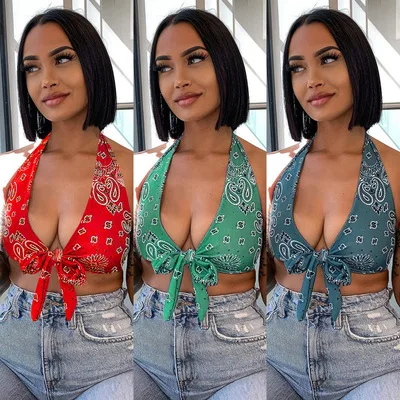 

2021 New Summer fashion Backless Bandage Print Halter Crop Top Clubwear woman tops fashionable