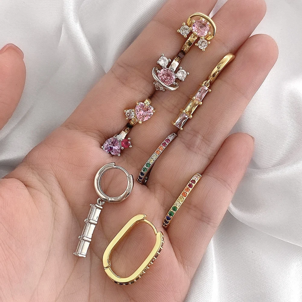 

Custom 925 silver color cz rainbow jewelry 14k 18k gold baguette cz ear cuff earrings hoop earring, Picture
