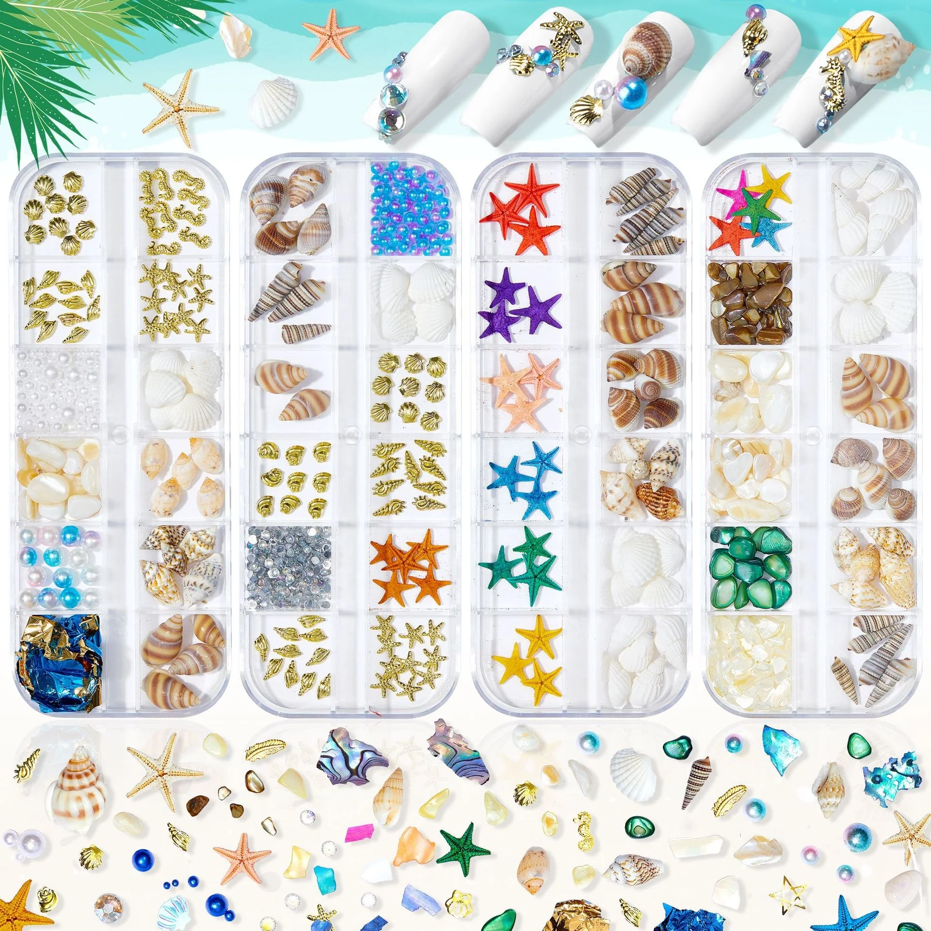 

Paso Sico 12 Slots Ocean Summer Design Mixed Natural Shell Starfish Rivet Pearls DIY Nail Art Decoration Supplies