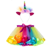 

Fashion Layered Ballet Tulle Rainbow Tutu Skirt for Little Girls Dress Up with Colorful Unicorn Headband