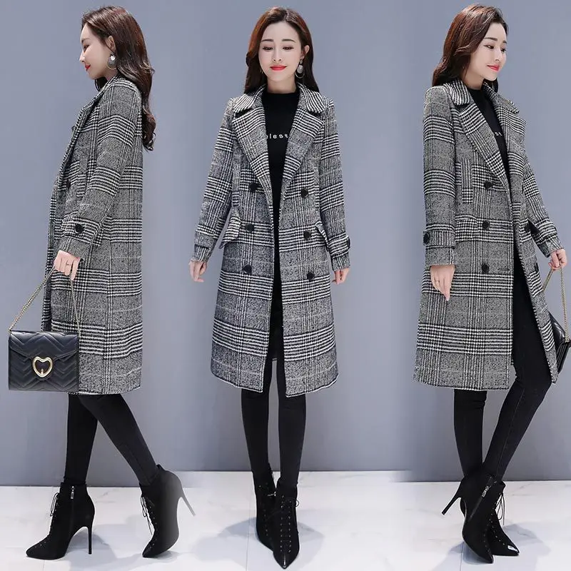

New 2019 Winter Women Wool Blends Plaid Trench Coat Elegant Outerwear Casual Loose Thick Cardigan Female Cashmere Overcoat