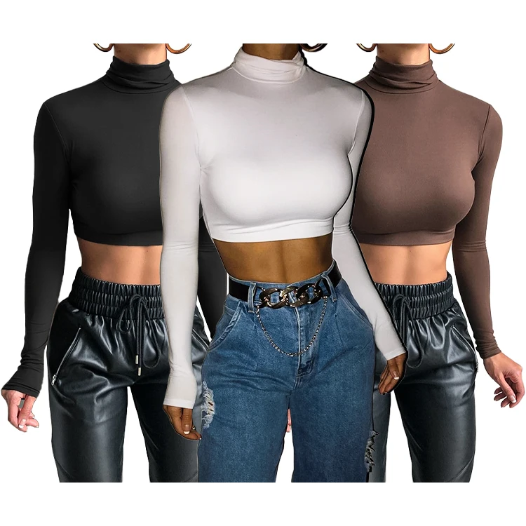 

Summer New Style Wholesale Custom Solid Color Long Sleeve High Neck Sexy Slim Fashion Ladies T-shirt Women Crop Top