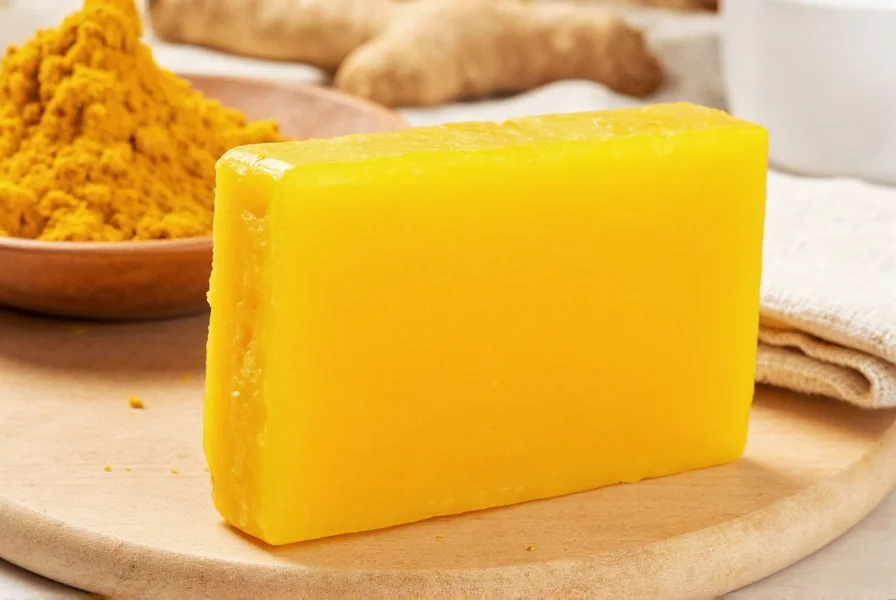 Turmeric soap bar on wooden soap dish with fresh turmeric root