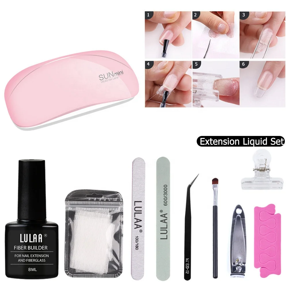 

Nail Art Fiber Extension Glue Kit with UV LED Lamp Fiber Nail Extension Liquid Reinforcement Repair Fiber Sheet Set, As picture shown