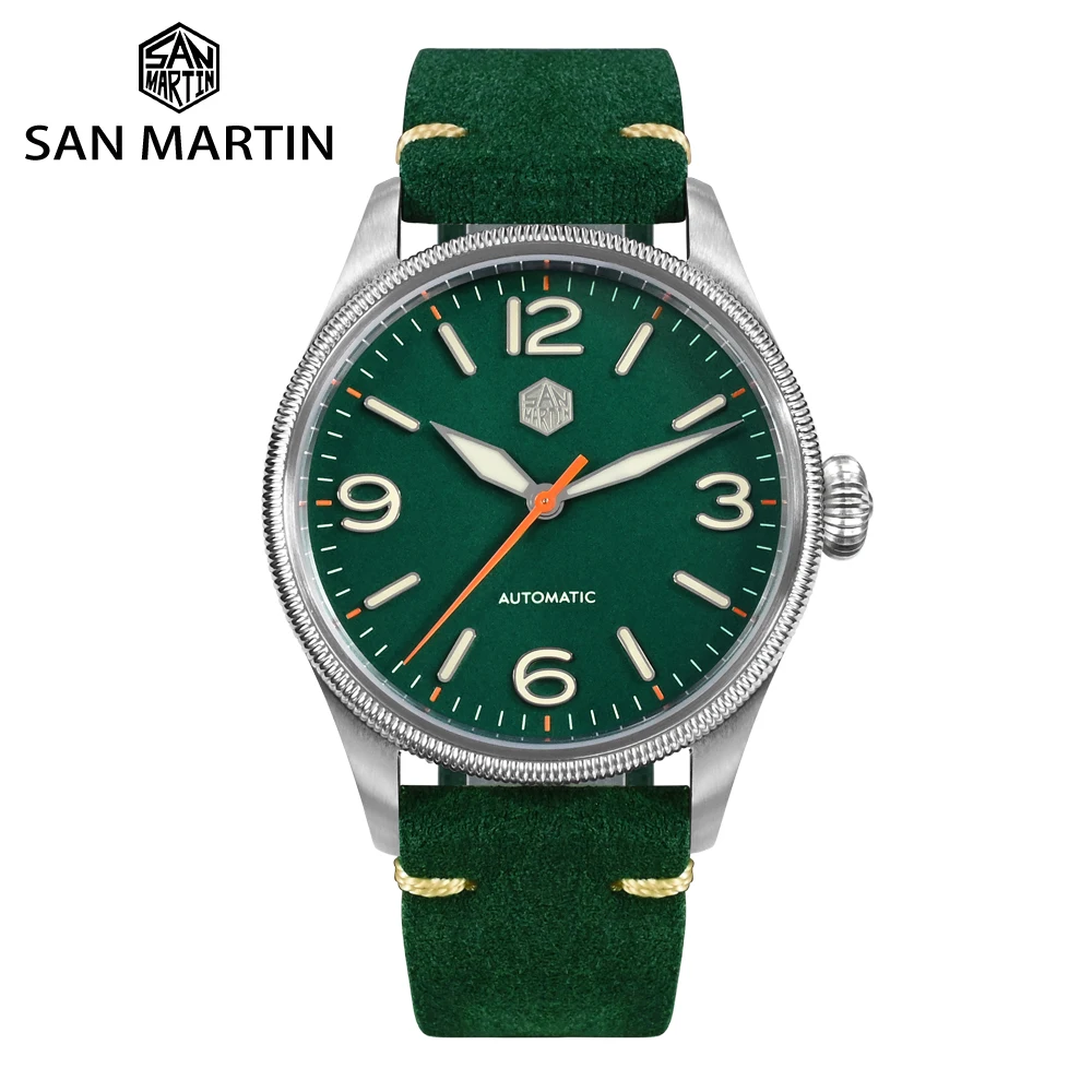 

San martin luxury sapphire 10atm Vintage Automatic mechanical 316L stainless steel sport pilot genuine leather watch for sale