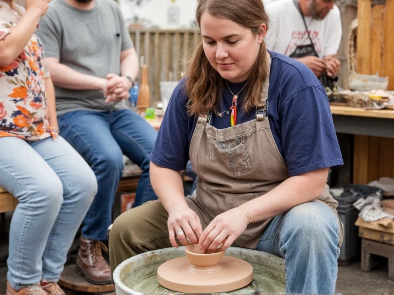 Artisan demonstrating pottery wheel technique at craft fair