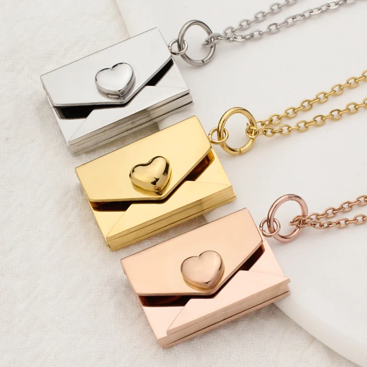 

K114 Personalized Gold Engraved Love You Locket Necklace Stainless Steel Heart Frame Letter Envelope Pendant Necklace For Women