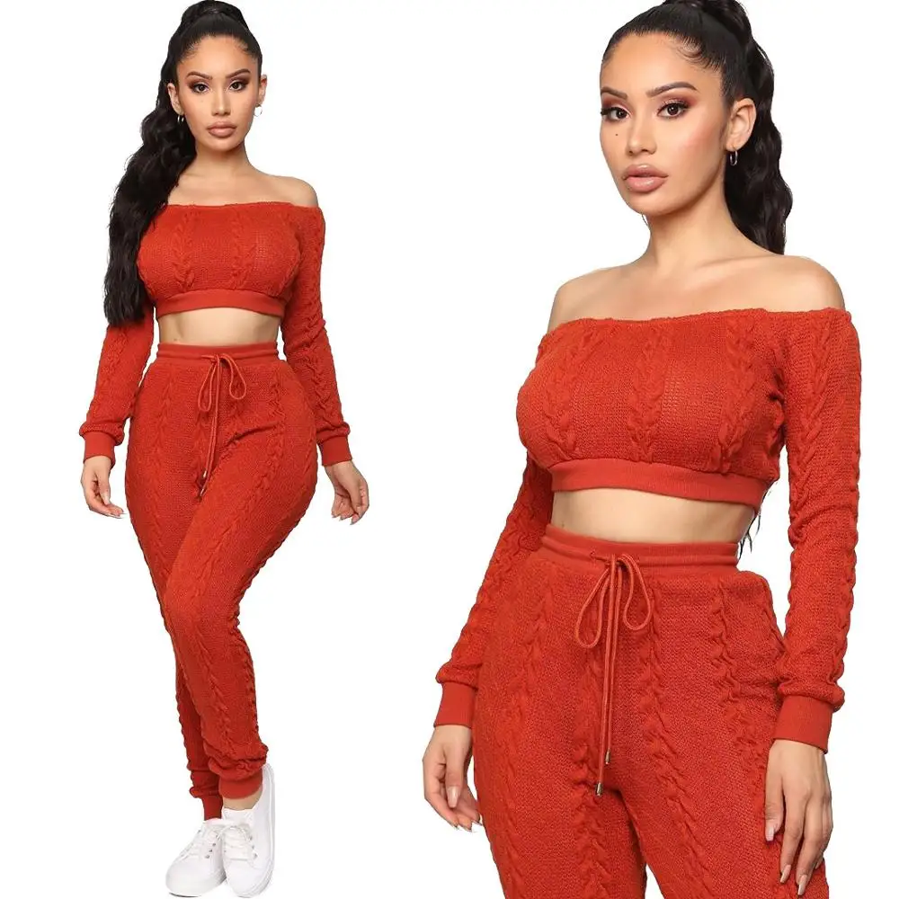 New Arrivals Autumn Fashion Women Off Shoulder Long Sleeve Crop Top Slim Pants 2 Pieces Set Solid Knitted Outfits Jumpsuit
