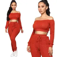 

New Arrivals Autumn Fashion Women Off Shoulder Long Sleeve Crop Top Slim Pants 2 Pieces Set Solid Knitted Outfits Jumpsuit