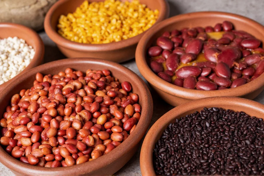 Various types of beans used in chili recipes including pinto, kidney, and black beans arranged in ceramic bowls