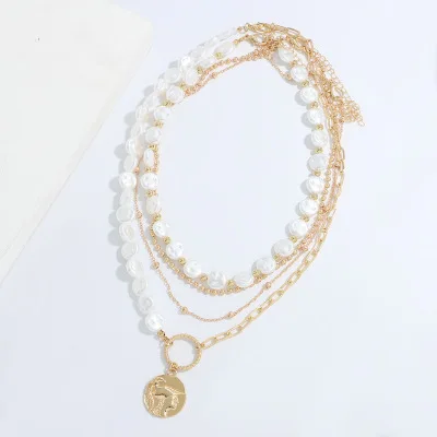 

Fashion Women's Gold Plate Hoop Coin Pendant Layered Pearl Beaded Necklace Choker Sets