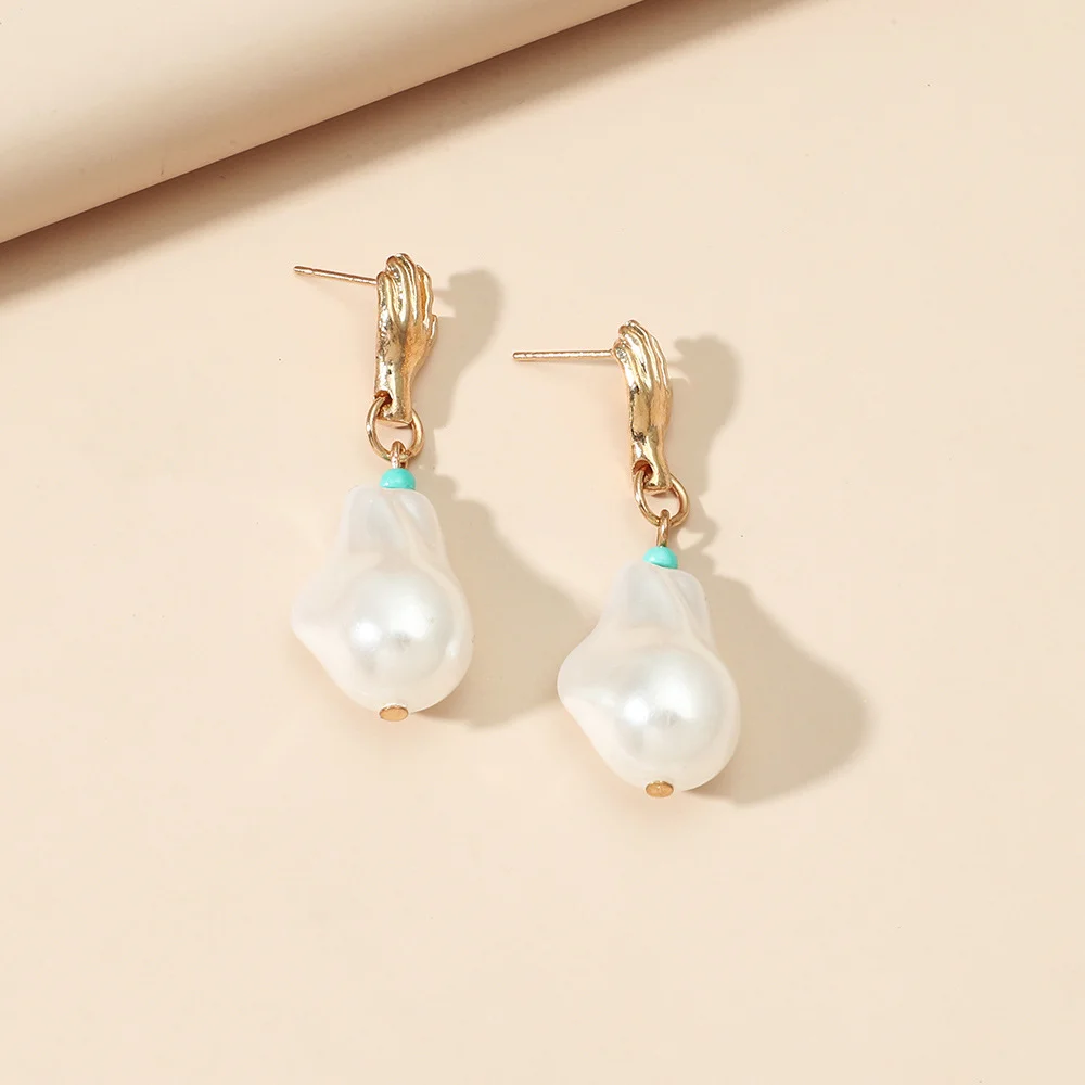 

New arrival elegant gold plated hand drop irregular big women jewelry baroque pearl earrings, Gold color
