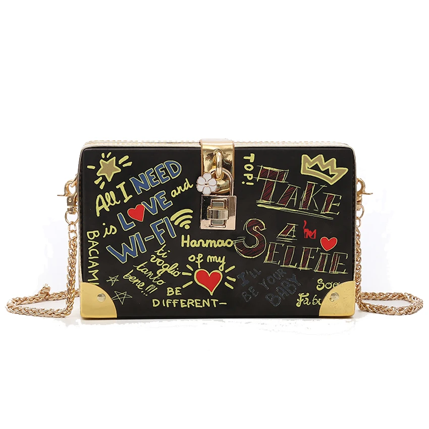 

Fashion Handbag Women Evening Party Shoulder Bags Lock Letter Graffiti Crossbody Bag Ladies Hard Case Box Clutch Bag