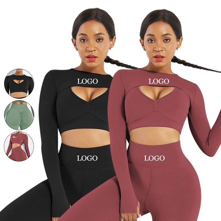 

Custom Logo Summer Yoga Bra And Pants Long Sleeve Crop Top 3 Piece Set Fitness Activewear Women Plain Tracksuit, As show