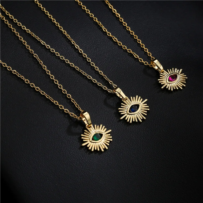 

INS Popular Design 18K Gold Plated Colorful Eye Shape Zircon Necklaces Multi Color Blue Green Crystal Evil Eyes Necklaces
