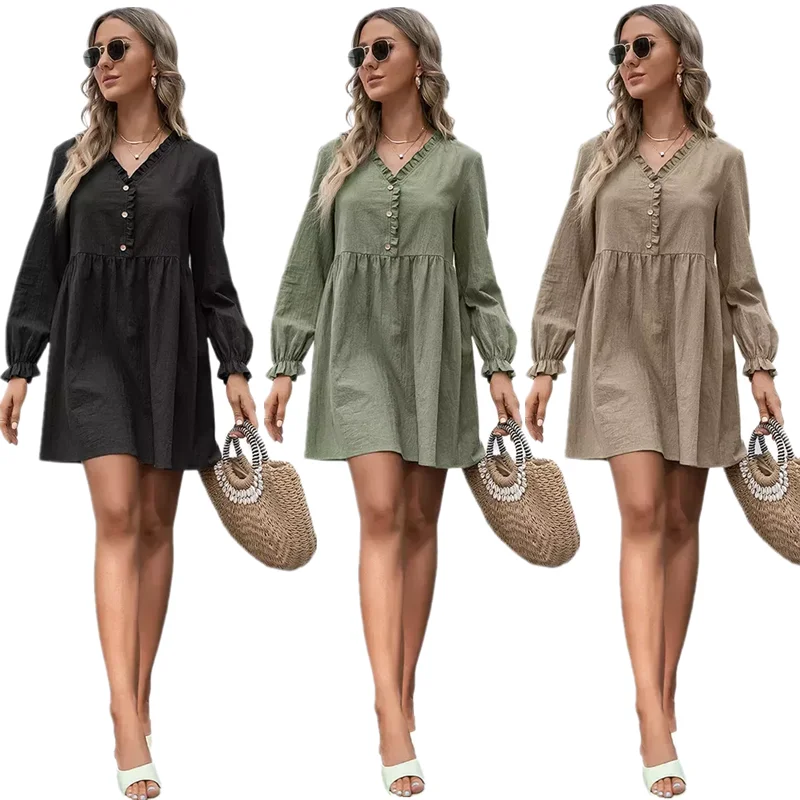 

Women Elegant Vintage Long Sleeve Loose Design V Neck Women Clothes Dress Casual, Black, green, pink, coffee, khaki, caramel