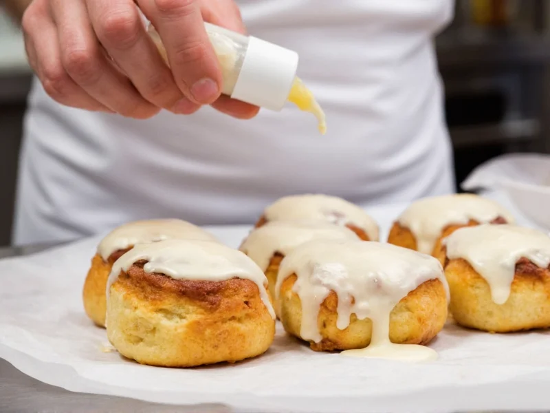Baker using squeeze bottle to drizzle icing on cinnamon rolls