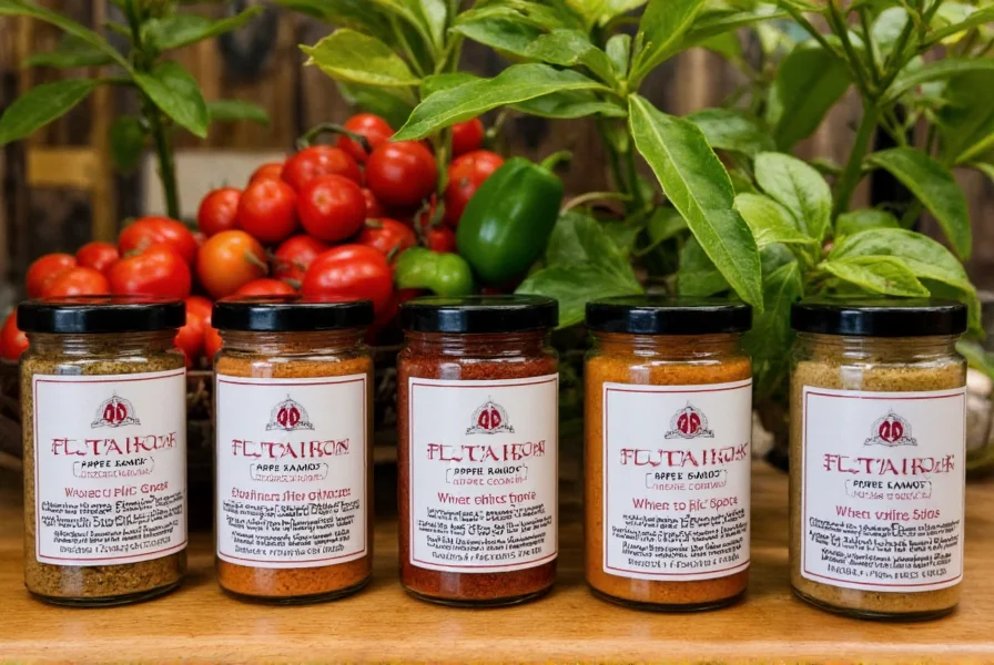 Flatiron Pepper Company spice jars arranged on wooden table with fresh pepper plants in background
