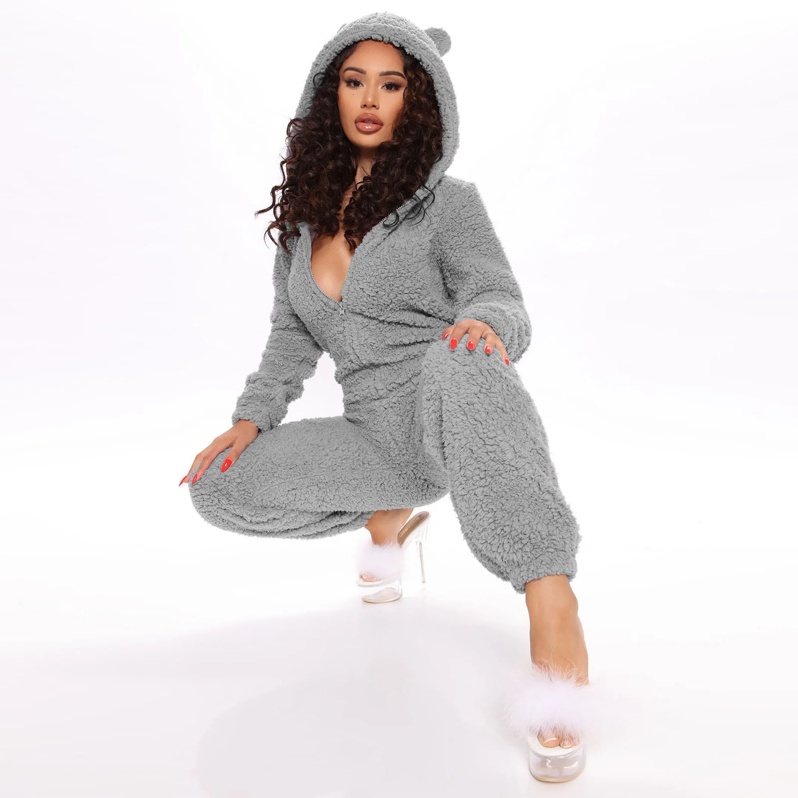 

Women Winter Fleece Sleep Romper Pajamas Nightwear Plush Warm Jumpsuit Home Zipper Long Sleeve Cartoon Animal Ears Hat Sleepwear