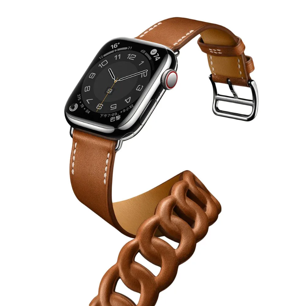 

Luxury Dynamic Chain Genuine Leather band for iwatch 7 41mm Gourmette Double Tour Strap For Apple Watch series 6 5 4 45mm 38mm, Optional
