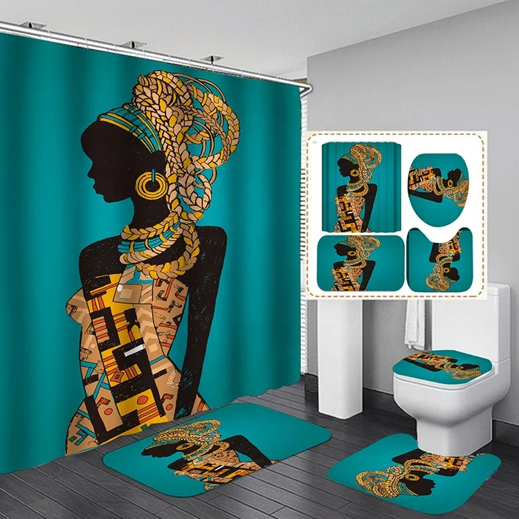 

Custom Printing African Themed Fashion Waterproof Bathroom Black Girl 4 pcs Piece Shower Curtain Sets