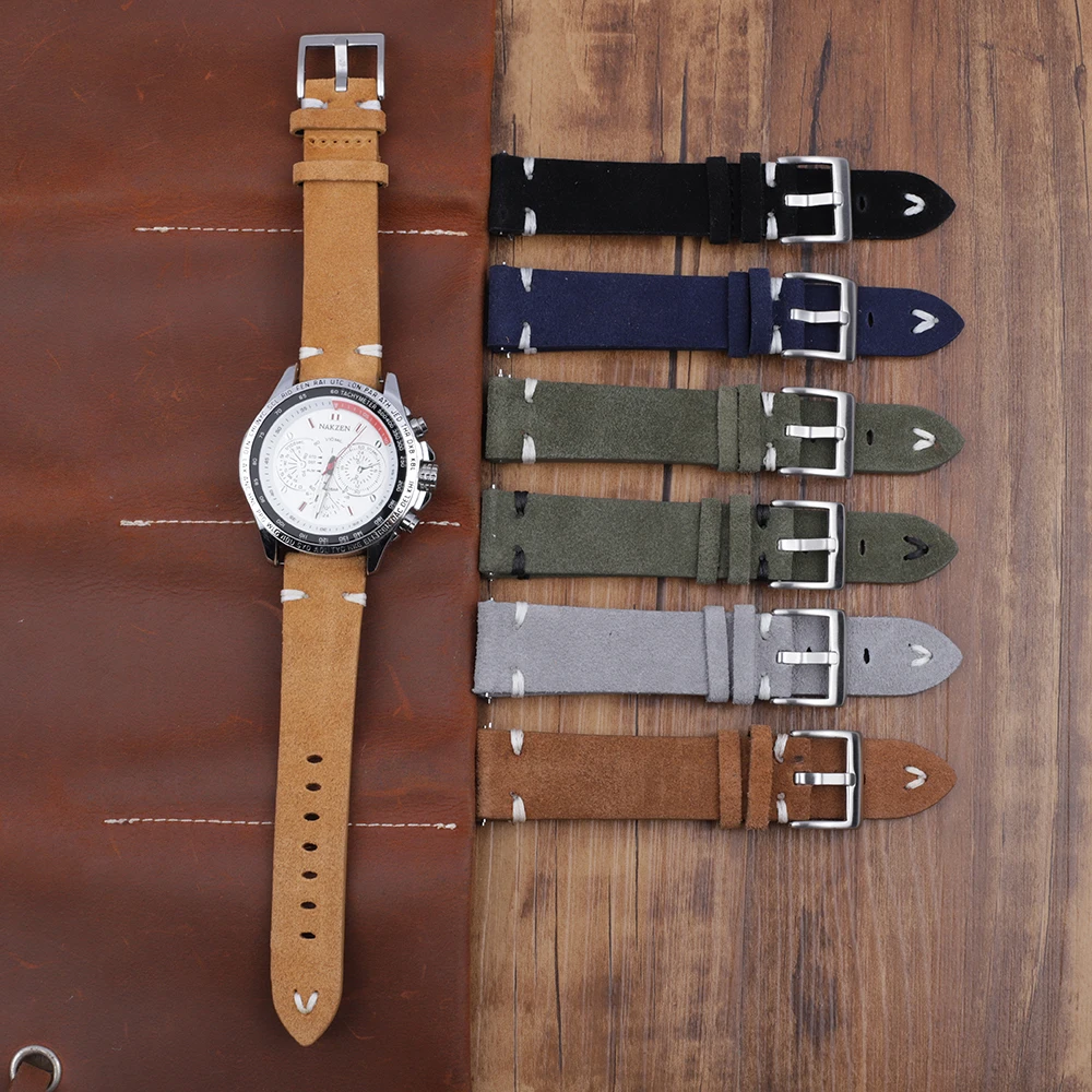 

18/20/22/24cm Ready to ship soft leather watch straps grey suede real leather handmade watch bands for apple watches, Blue/black/grey/green/brown/tan