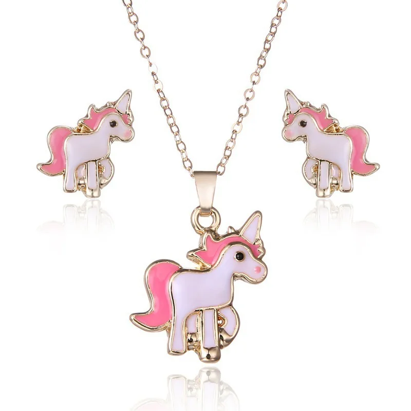 

Pink Horse Unicorn Jewelry Sets Girl Animal Beer Accessories Kids Jewellery, Pink, gold