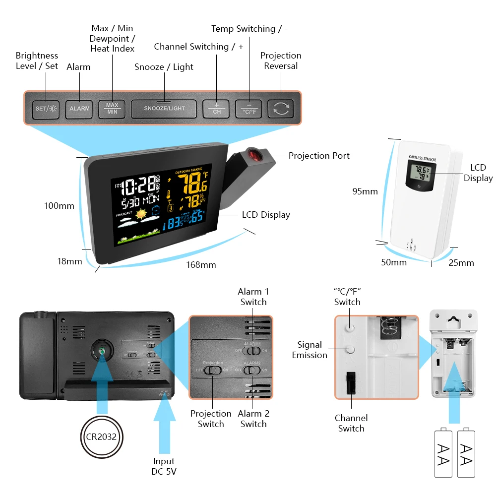 
Projection Alarm Clock With Weather Station Forecast PT3391 Weather Clock display Indoor Outdoor temperature Humidity 