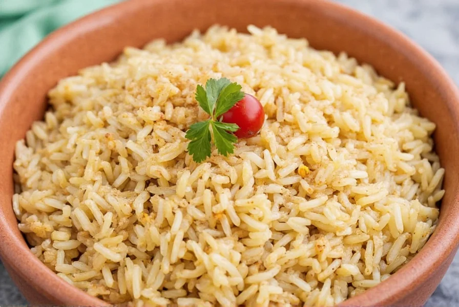 Perfectly cooked cinnamon rice in a white bowl with cinnamon stick garnish