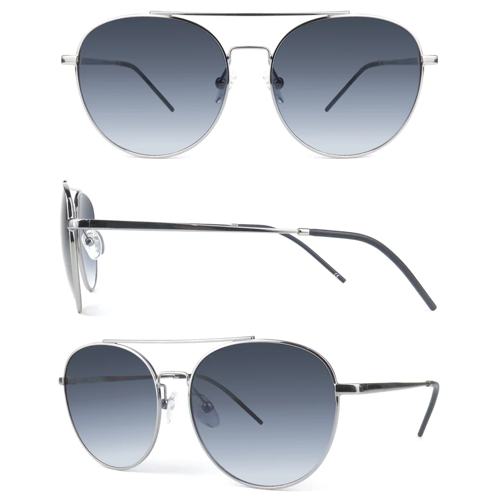 

2021 Aviation Double Bridge Metal Copper Eye Glass Frames With PC Gradual Grey Lens Blue For Men Gradient UV400 Adult Sunglasses