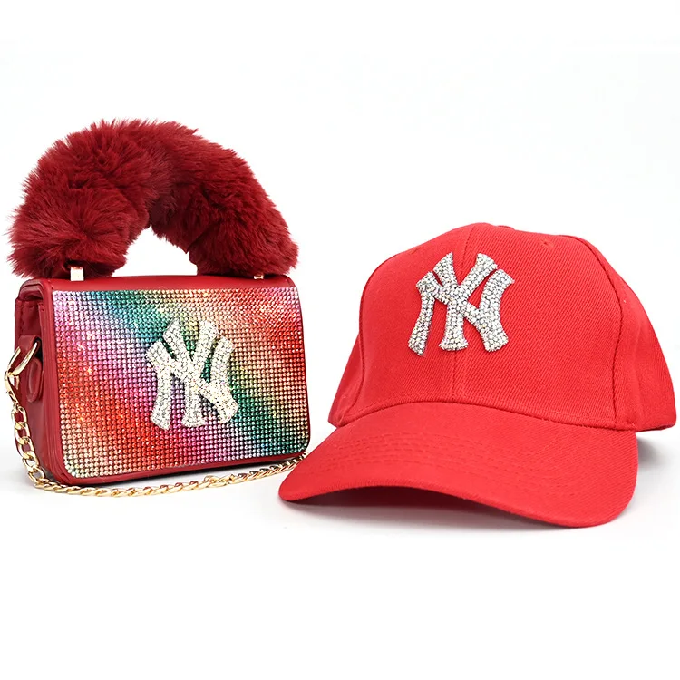 

full diamond NY hat with fur bag purse handbag wholesale fashion designer 2021 bling pack baseball cap with bag set for women, 5 colors