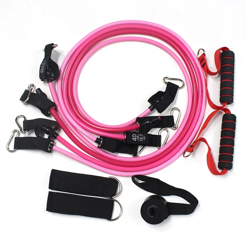 

11pcs Pink Professional Exercise Beautiful Fitness Resistance Tube Set Workout Bands with Handles For woman, Custom color