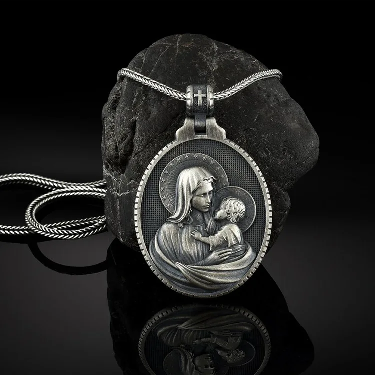 

Religious Jewelry Stainless Steel Cross Necklace The Virgin Mary Embraces Infant Jesus Portrait Souvenir Medal Pendant Necklace