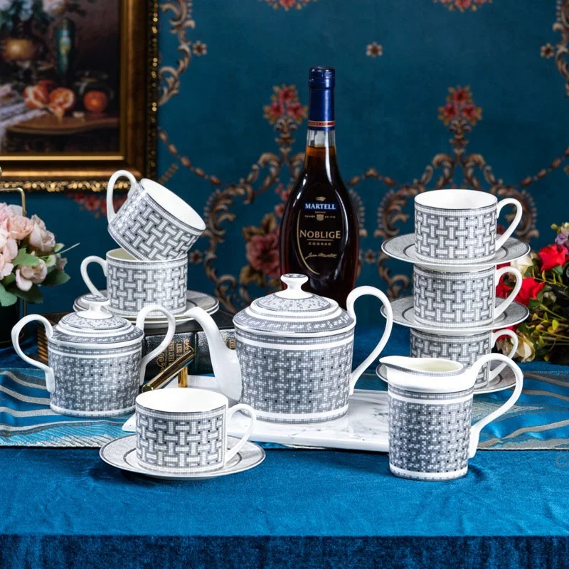 

High quality bone china grey 15pcs mosaic coffee set gold edge luxury coffee pot sets, Yellow coffee & tea sets