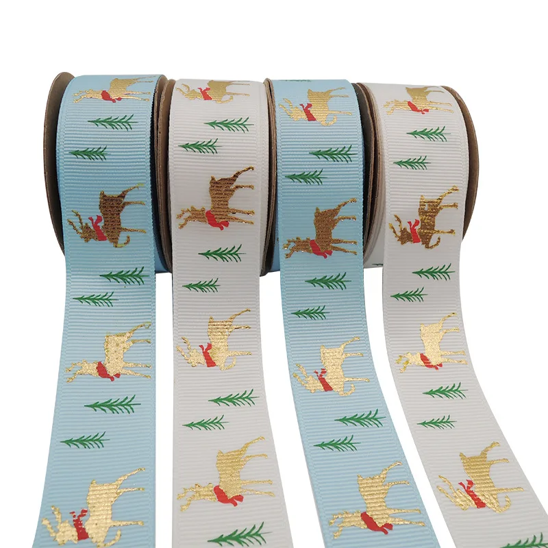 

2020 New Design 2.5cm Gold Foil Grosgrain Printed Rain Deer Santa Claus Snowman Christmas Ribbon For Gift, 196 colors