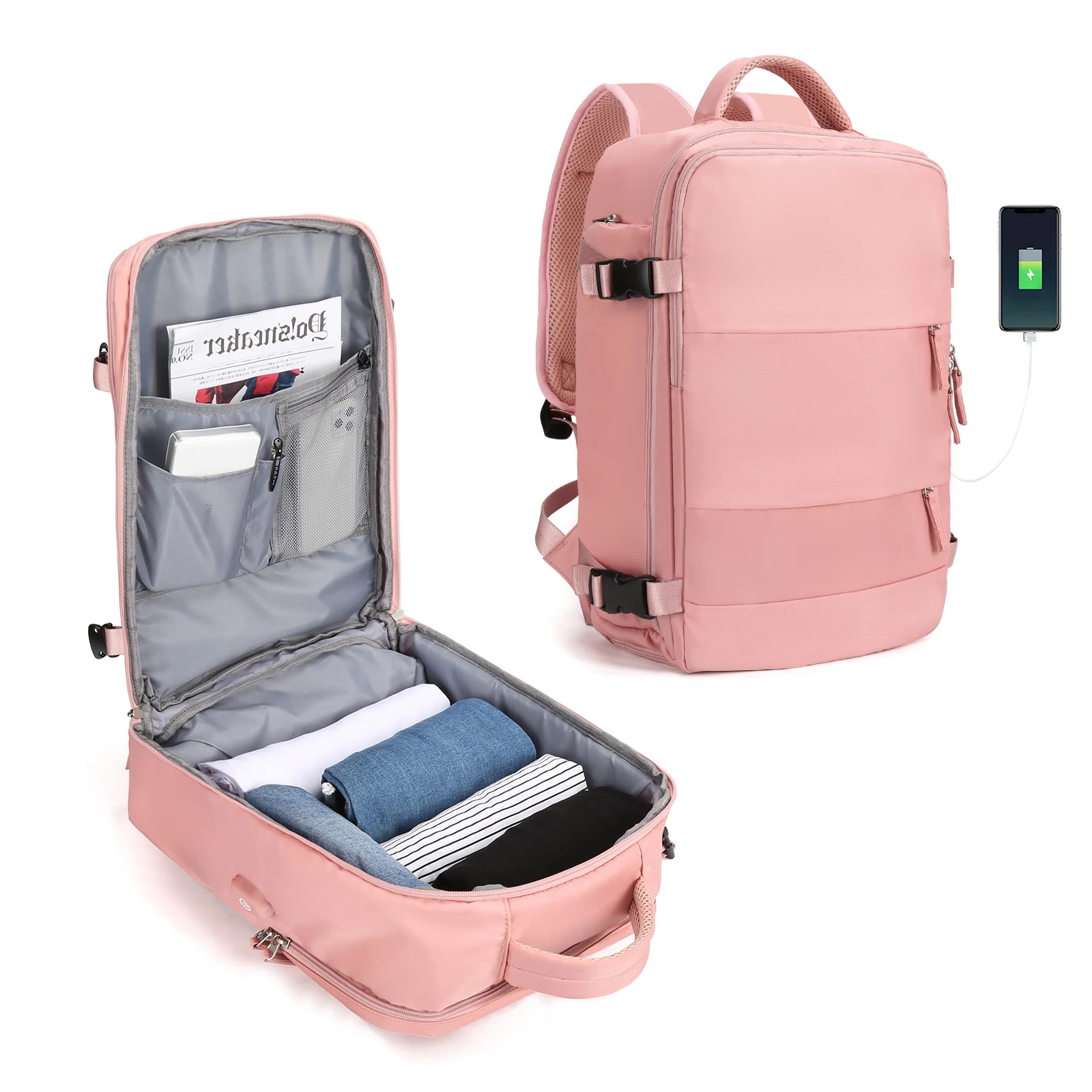 

Travel Backpack for Women 15.6 inch USB Charging Female Multi-layer High Capacity Business Mochila for Women, Pink/black