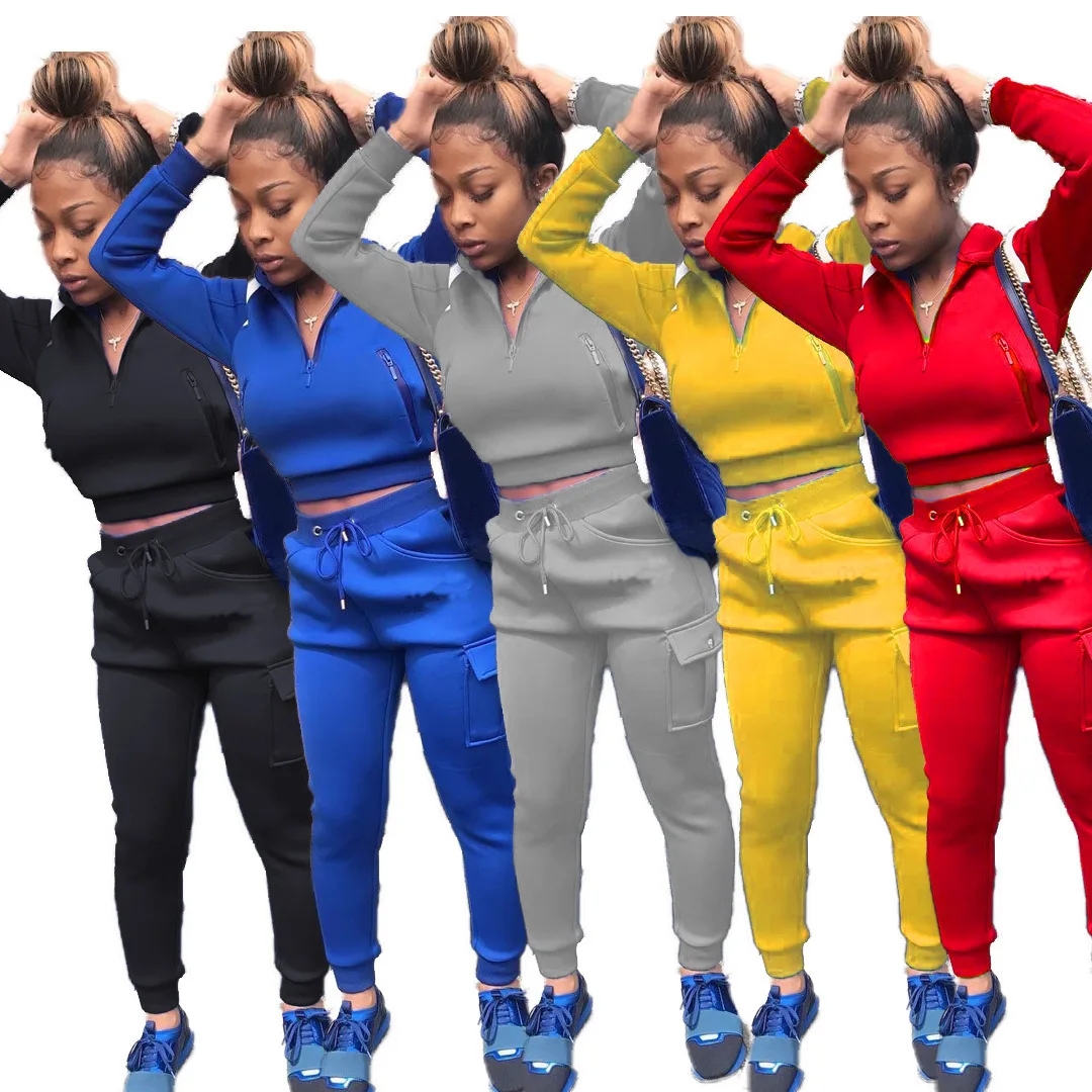 

Fall Two Piece Pants Set Women Clothing Plain Solid Color Zipper Hoodie Crop Top Drawstring Pants Casual Women Sweatshirt Suit