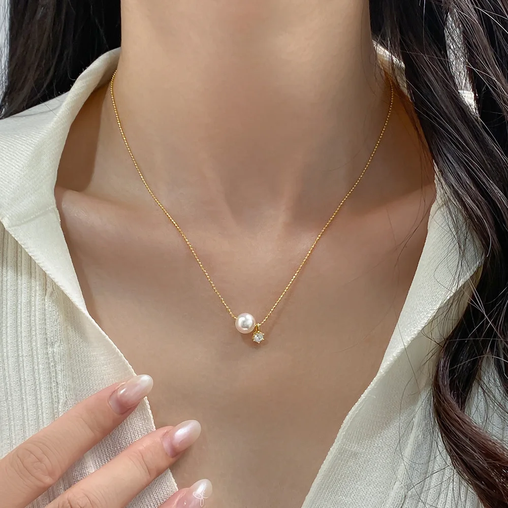 925 Sterling Silver Zircon and Pearl Pendant Clavicle Necklace for Women 925 Silver Collarbone Chain Necklace Jewelry Wholesale