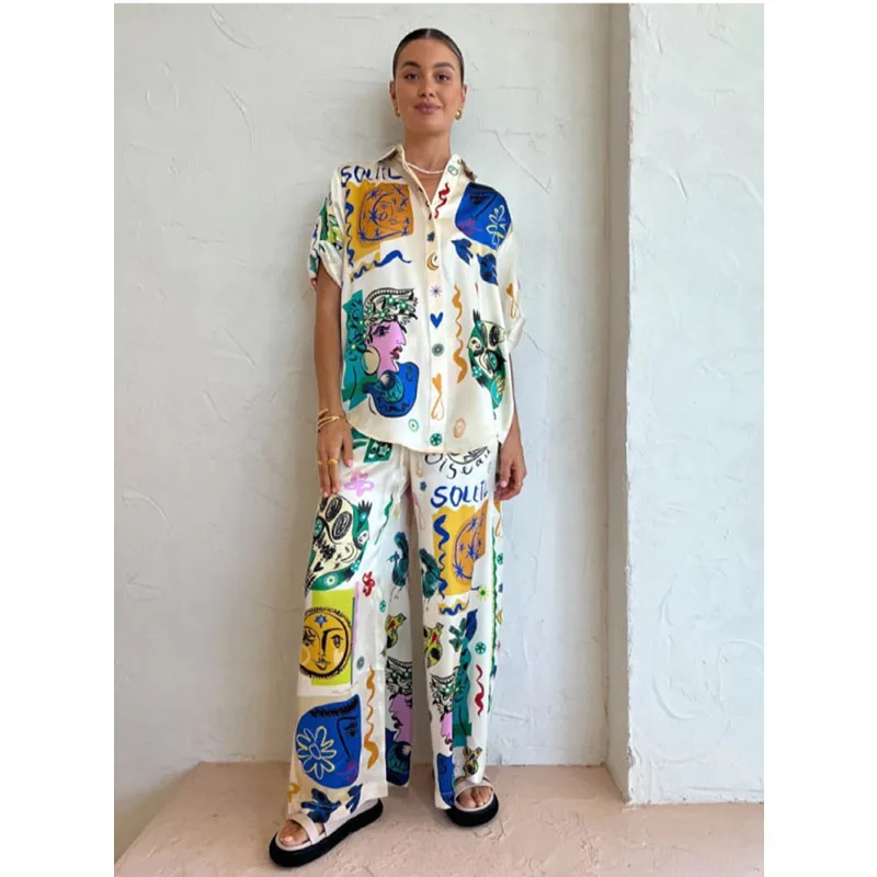 

2023 Summer Australia Niche Fashion Brand Personality Graffiti Printed Satin Shirt Wide Leg Trousers Tops Casual Two Pieces Set